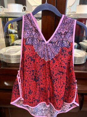 Free People Red and Pink Patterned V-Neck Tank